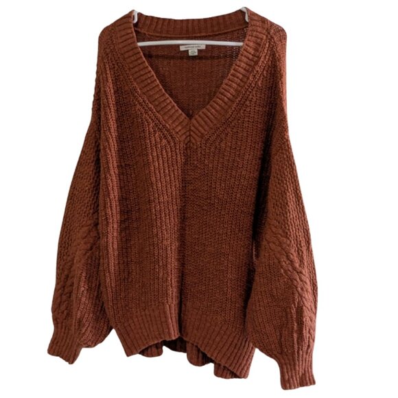 American Eagle Women's V-Neck Sweater, Medium, Rust, 100% Cotton, Chunky Knit - Picture 1 of 13